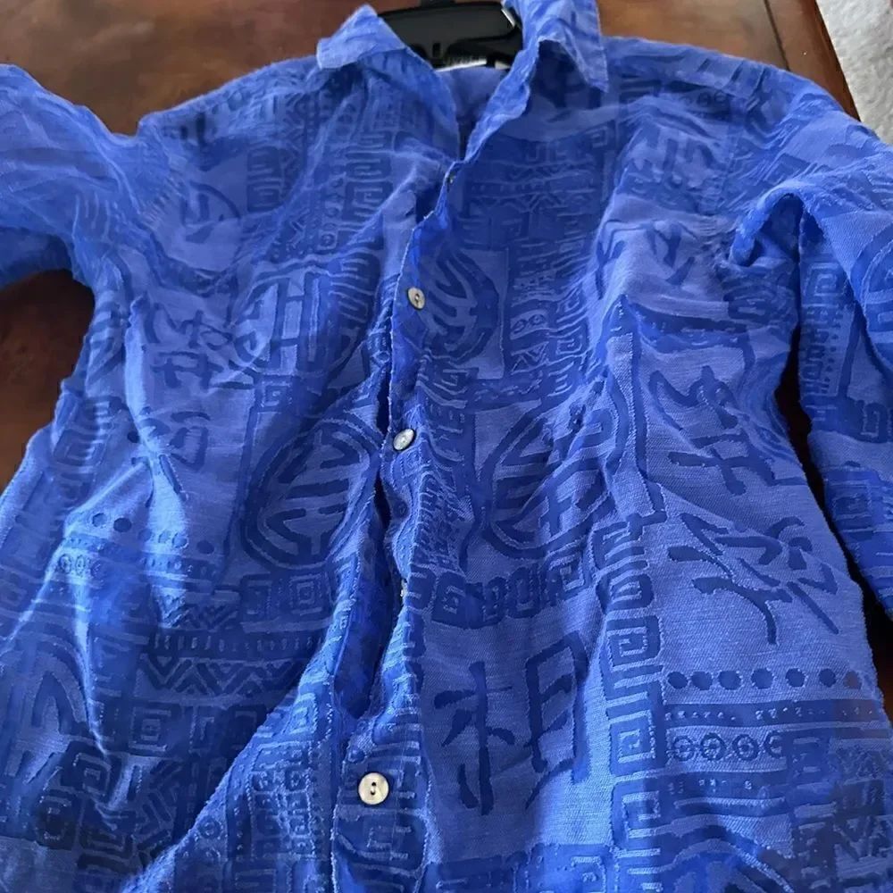 Chico's Design Linen Nylon Button Down Printed Collar Top Size 0 Large - Picture 5 of 8